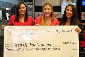 Triana Crenshaw, Amanda Richter and Kaitlyn O’Driscoll present American Integrity Insurance Group's $3.25 million contribution to Step Up For Students.