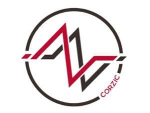 logotipo para corzic music. los elementos del logotipo son rojo y negro