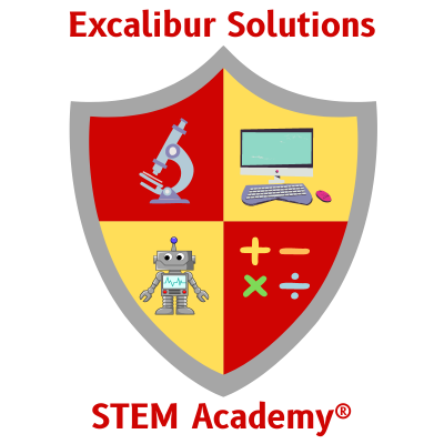logo image of excalibur solutions stem academy. There are graphics of a telescope, computer, robot, and math operators.